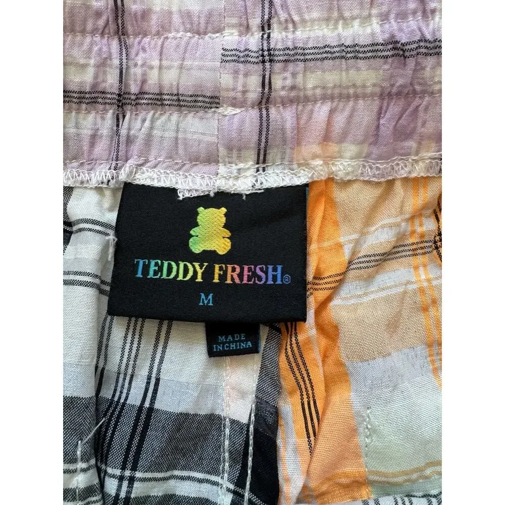 Teddy Fresh Plaid Patchwork Shorts Men’s Medium Neon Streetwear Unisex